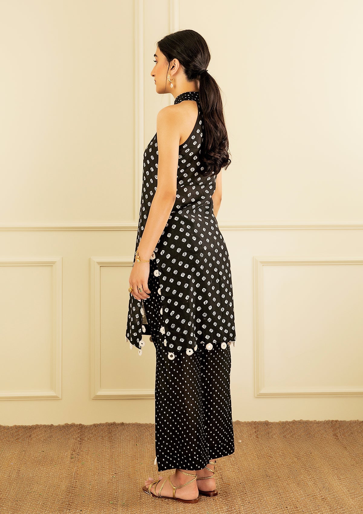 Coal Bandhani Halter Tunic Set