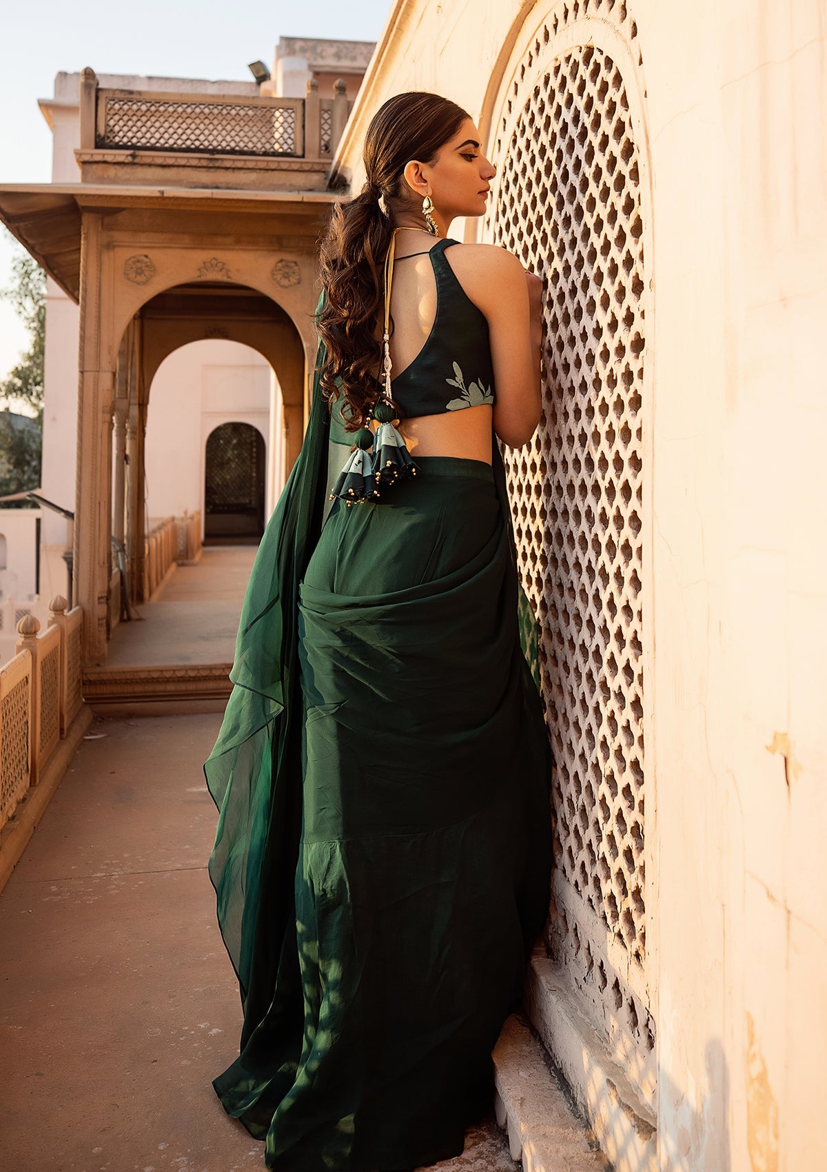 Emerald Ruffled Organza Saree Set