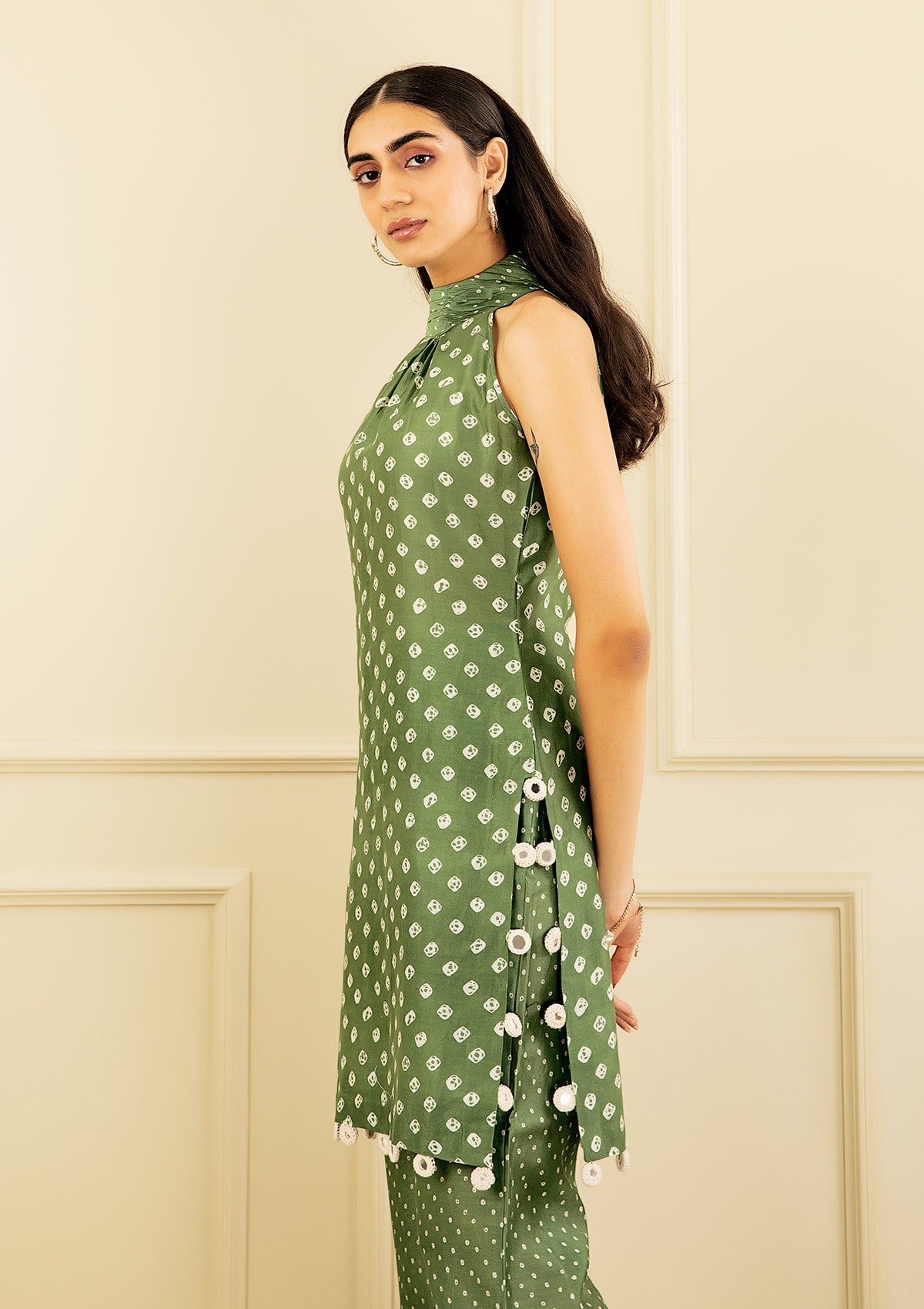 Leaf Bandhani Halter Tunic Set