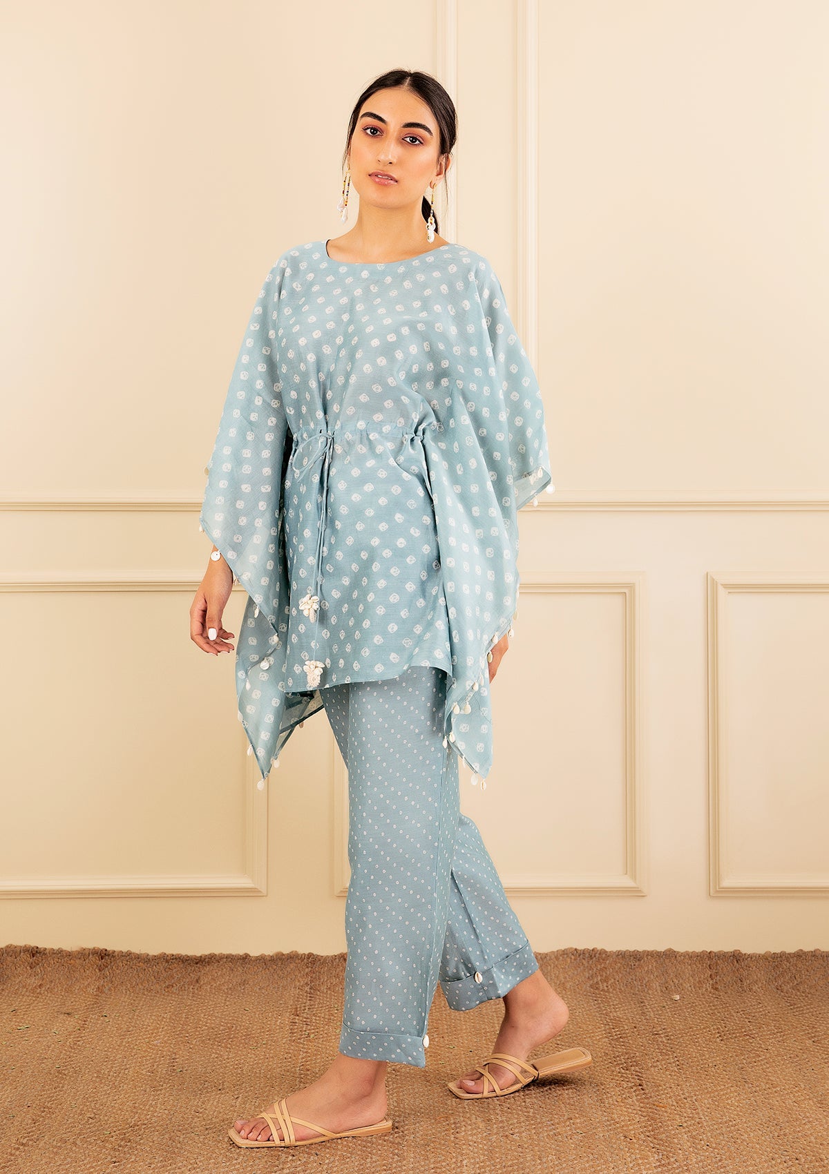 Powder Blue Bandhani Kaftan Set