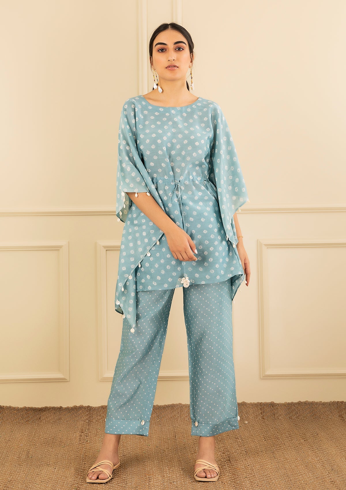 Powder Blue Bandhani Kaftan Set