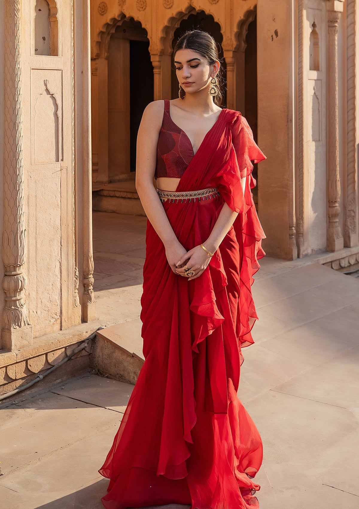 Ruby Ruffled Organza Saree Set