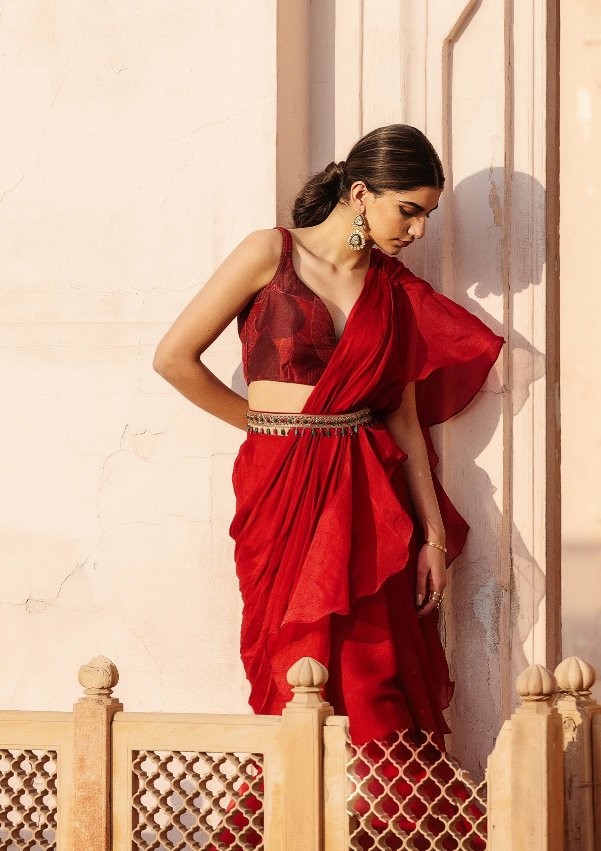 Ruby Ruffled Organza Saree Set