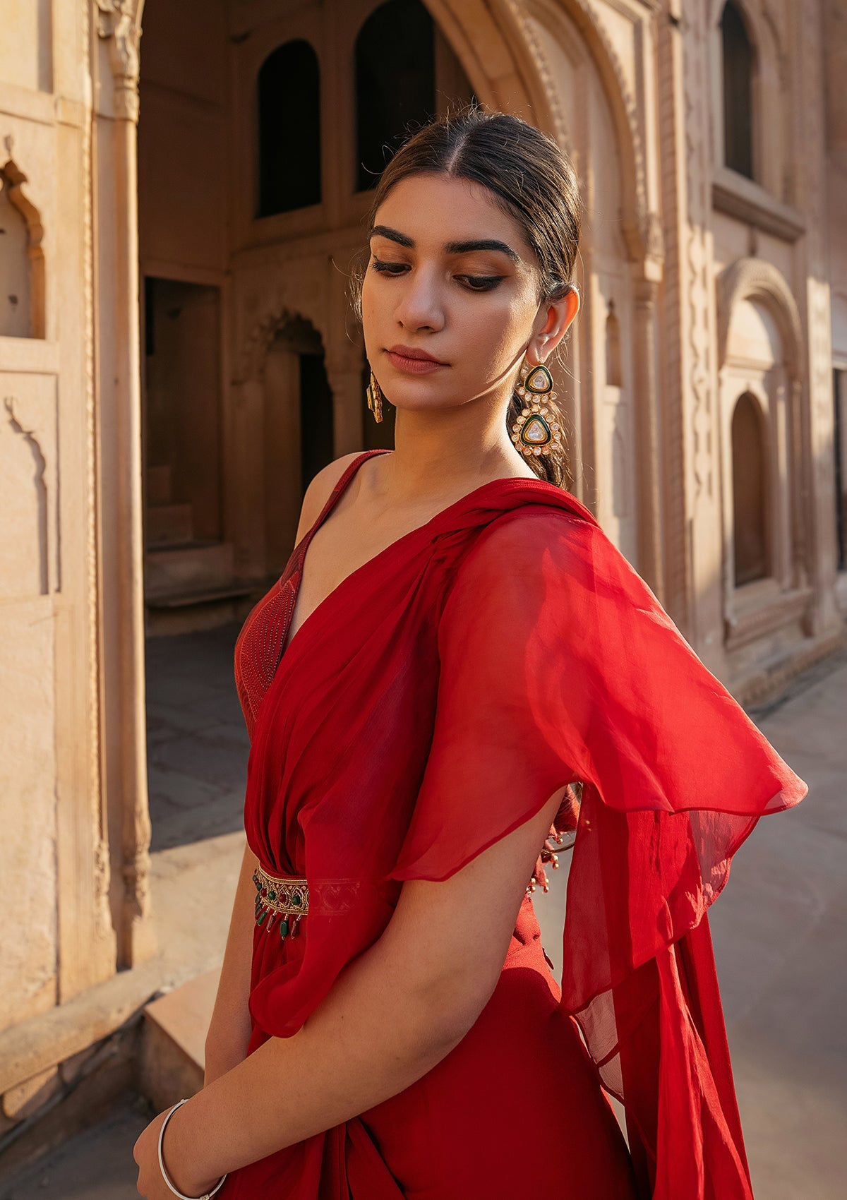 Ruby Ruffled Organza Saree Set