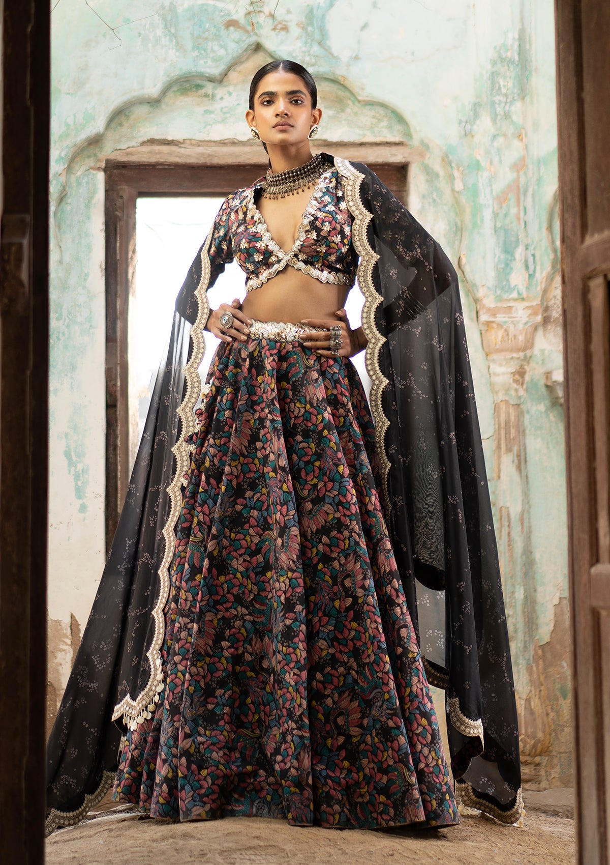 Semi-Stitched Black Embroidery Pure Silk Sabyasachi Party Wear Lehenga with  Blouse