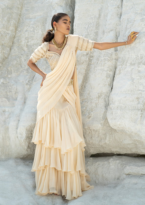 Ivory Tiered Saree Set