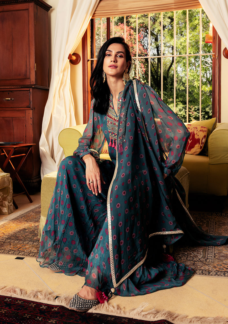 Nazreen Teal Sharara Set