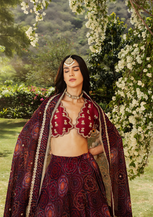 Bahaar Burgundy Scalloped Lehenga Set