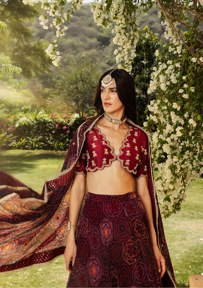 Bahaar Burgundy Scalloped Lehenga Set