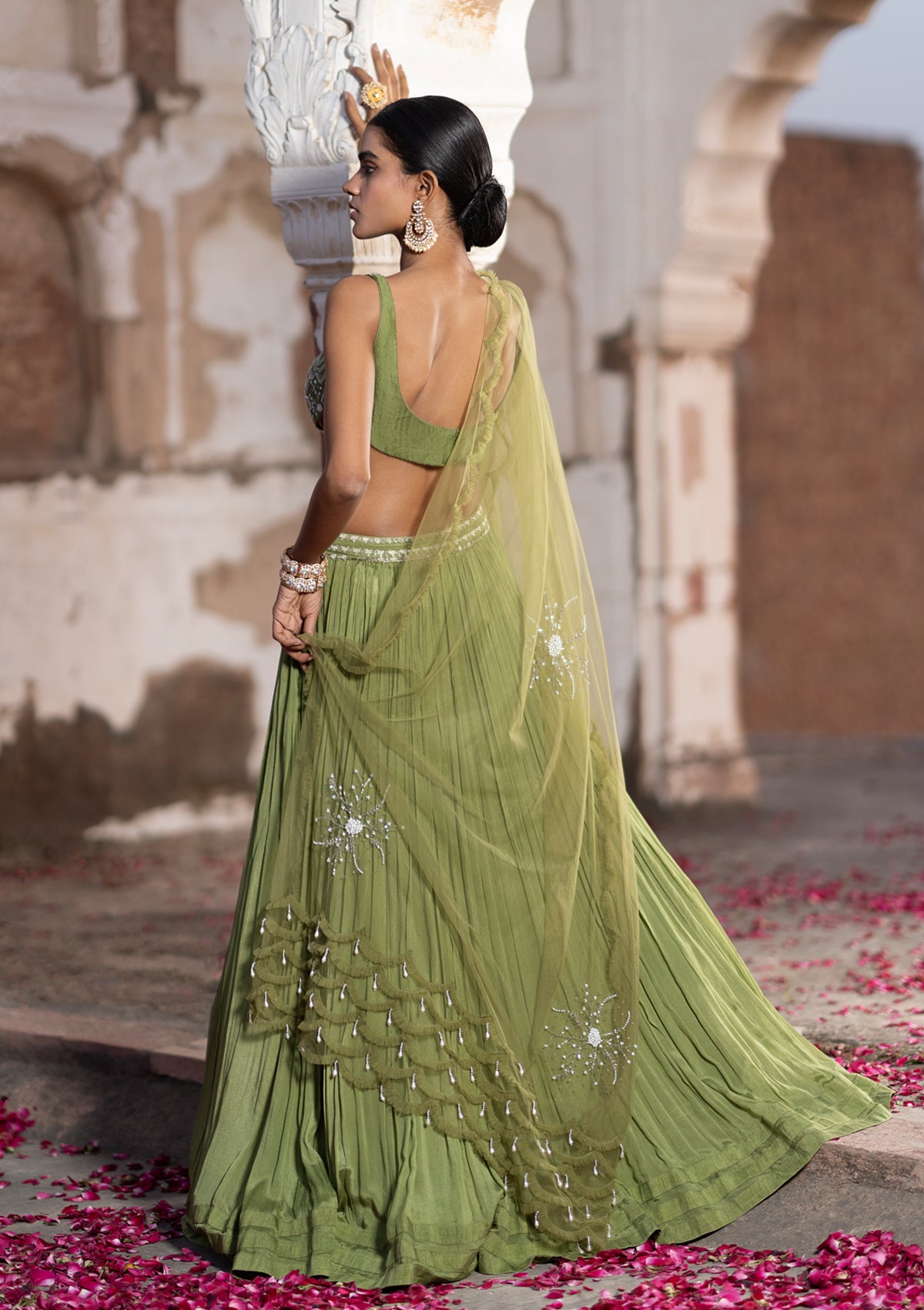 Olive Green Soft Net Stylish Wedding Reception Lehenga Choli @Indian Couture