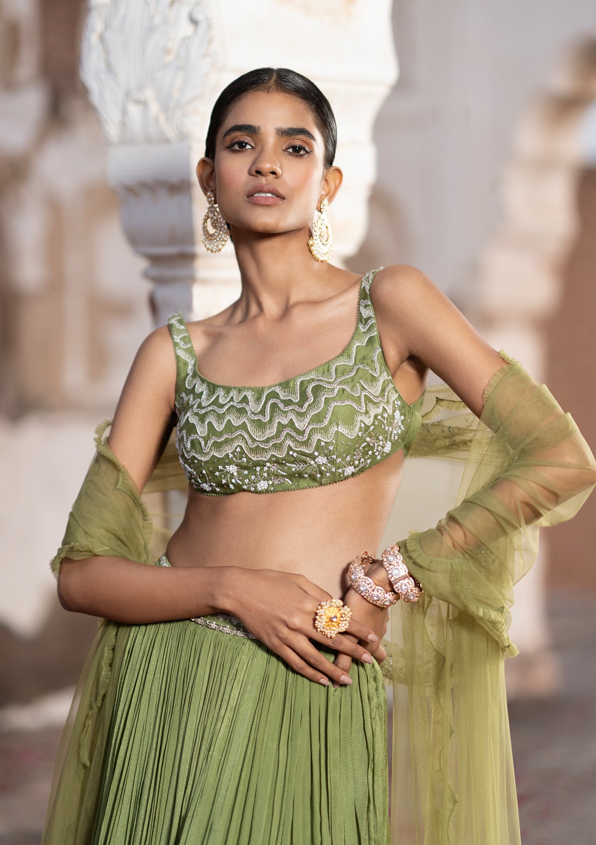 Olive Green Shaded Flared Lehenga in Crepe with Floral Foil Printed...