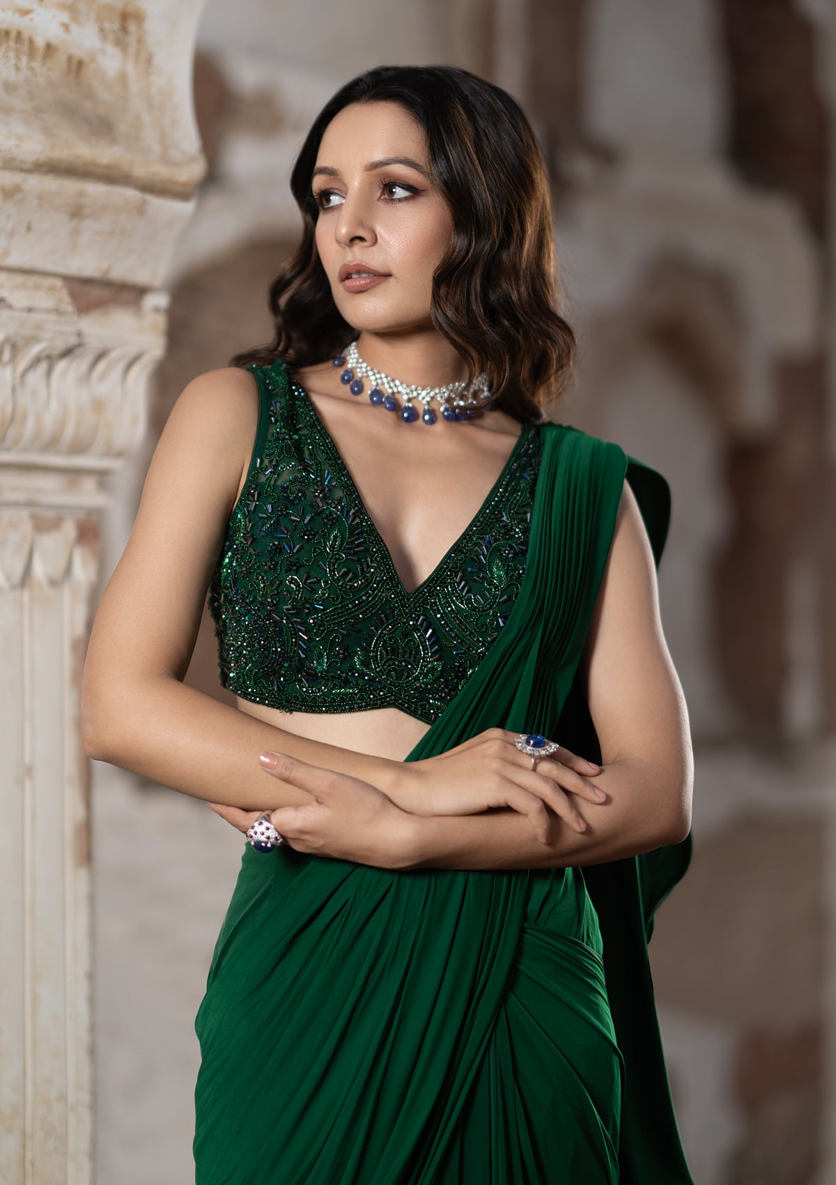 Emerald Jewellery With Saree Black Rhodium Finish Emerald Necklace