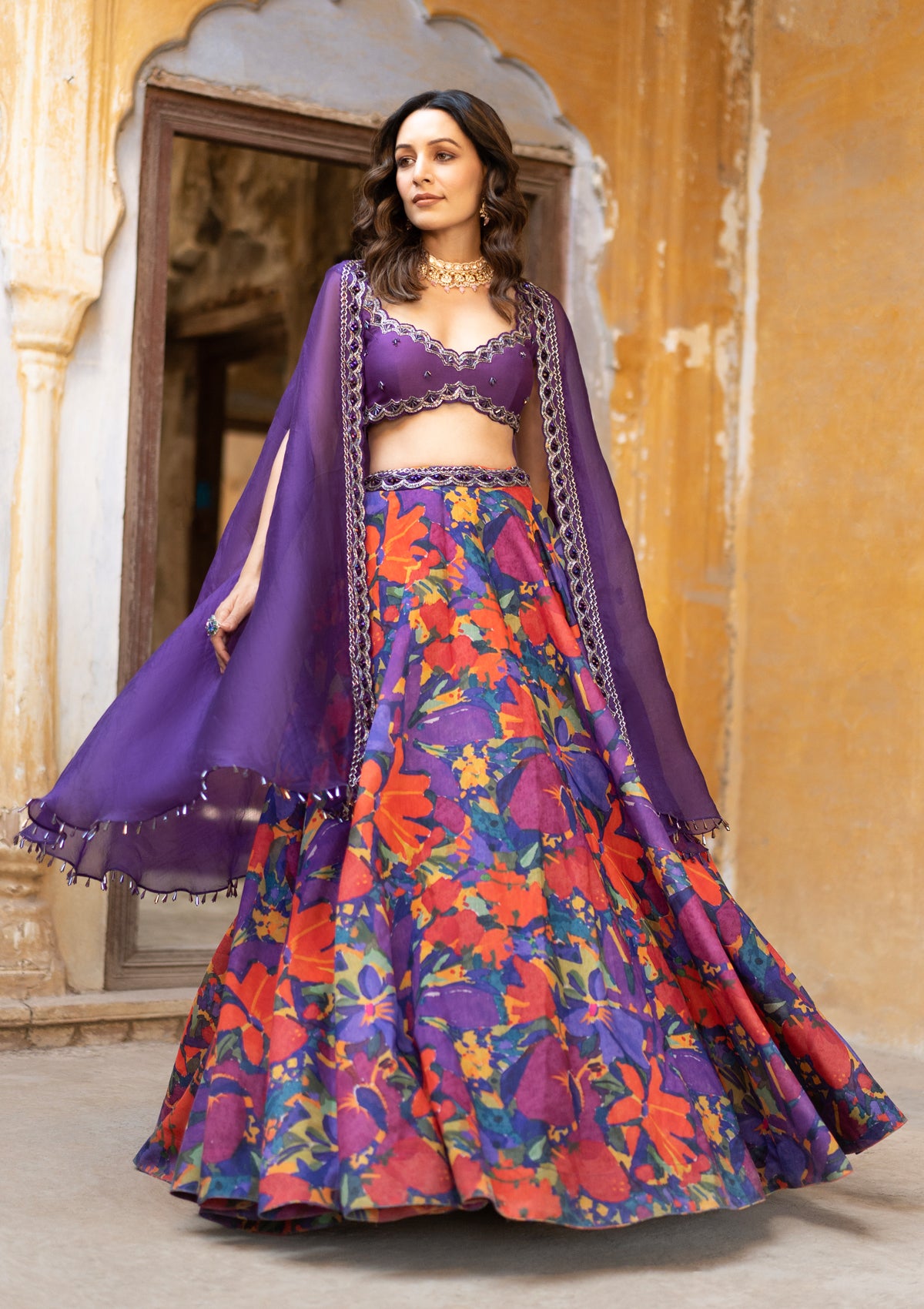 Lilac floral hand embroidred lehenga with long cape set available only at  IBFW