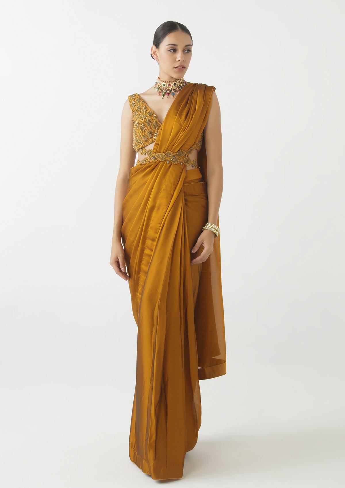 Amber Embroidered Pre-draped Saree Set