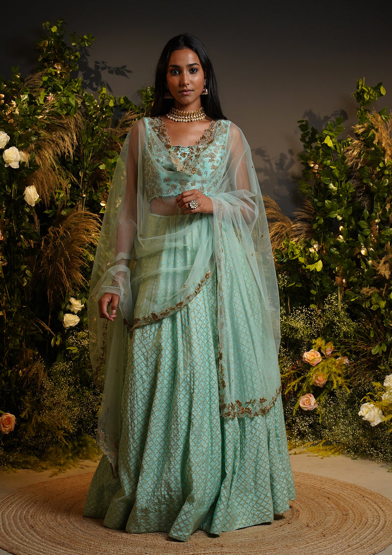 Aqua Embroidered Lehenga Set