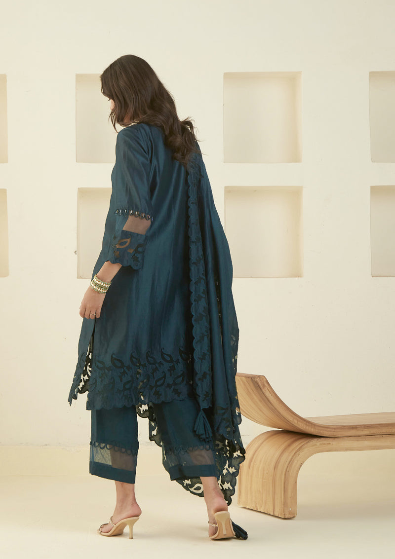 Teal Blue Laser Cut Kurta Set