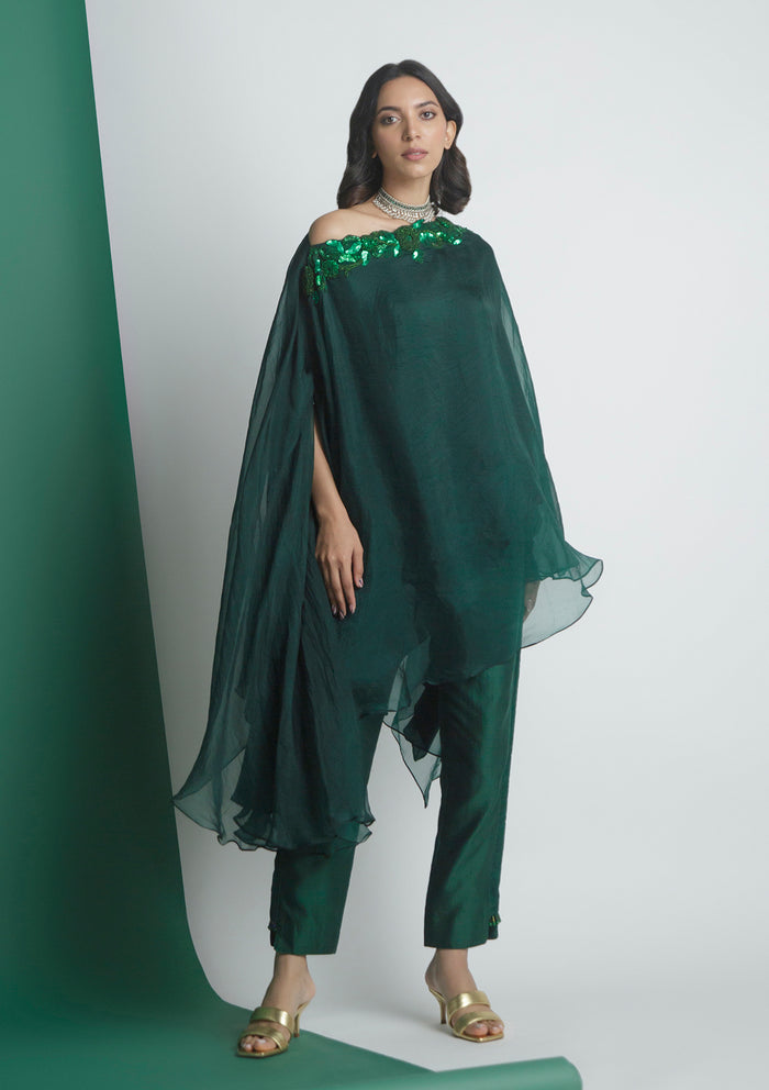 Emerald Off-Shoulder Cape Set