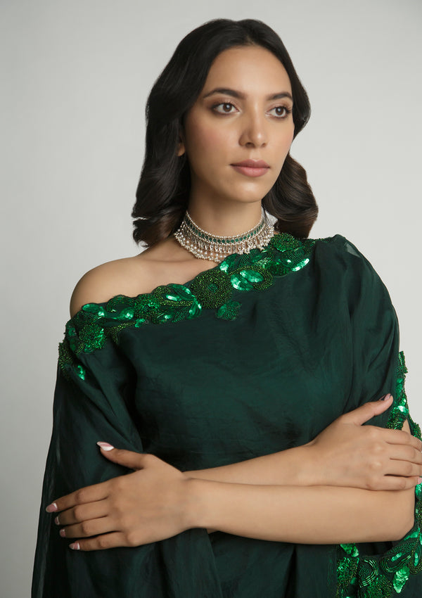 Emerald Off-Shoulder Cape Set