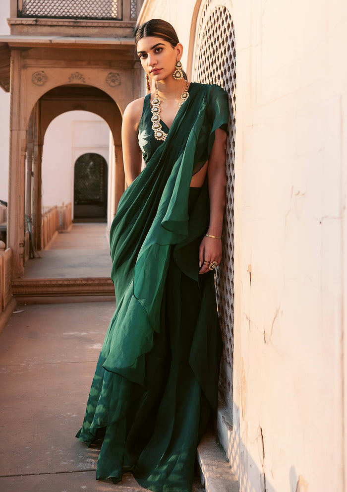 Emerald Ruffled Organza Saree Set