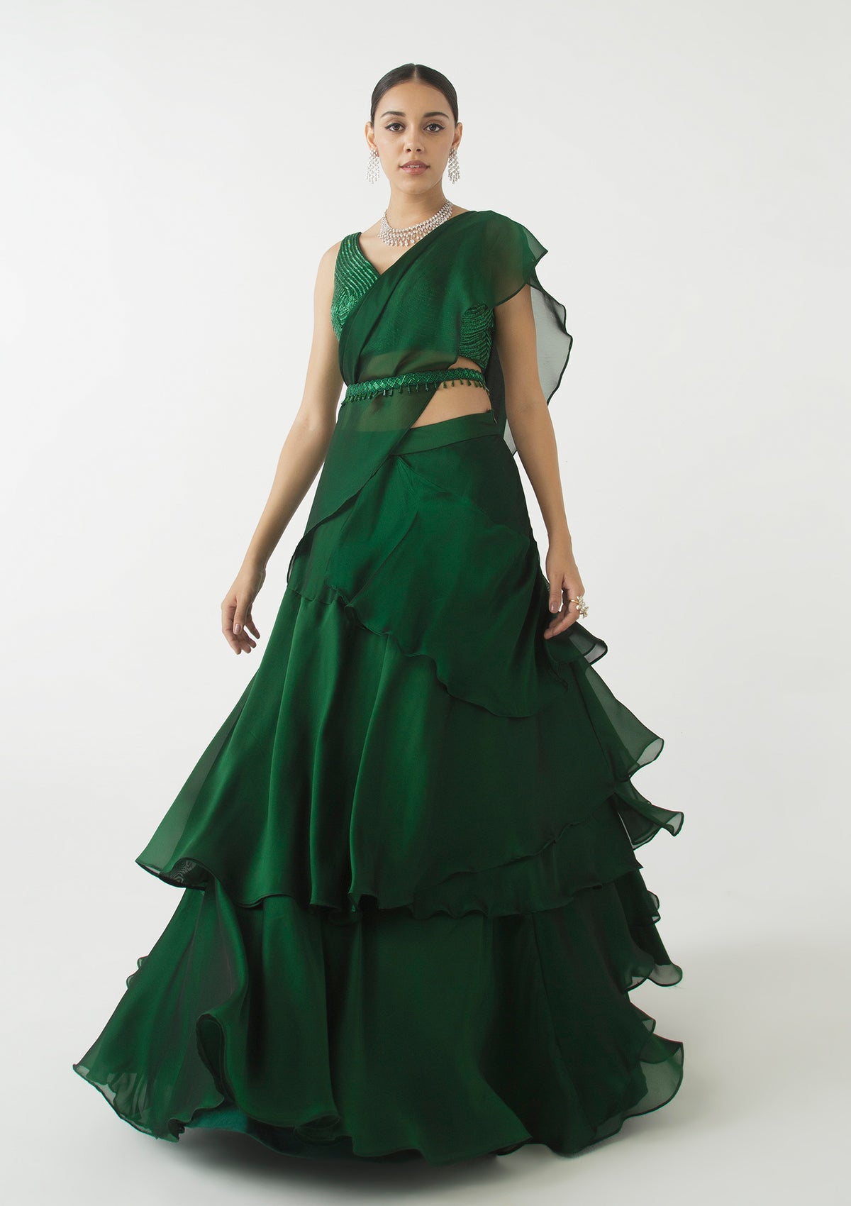 Green Fancy Ruffle Lehenga With Embroidery Work Crop Top – Cygnus Fashion