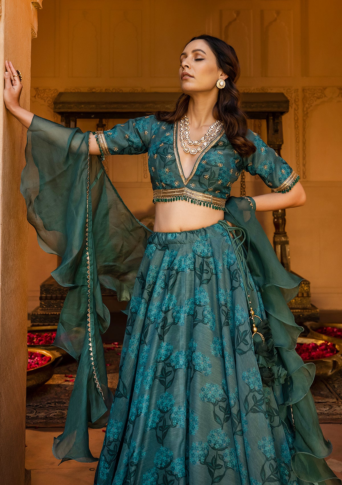 Exquisite Bottle-Green Sequined Silk Ready-To-Wear Crop-Top Lehenga | Crop  top lehenga, Wear crop top, Lehenga choli