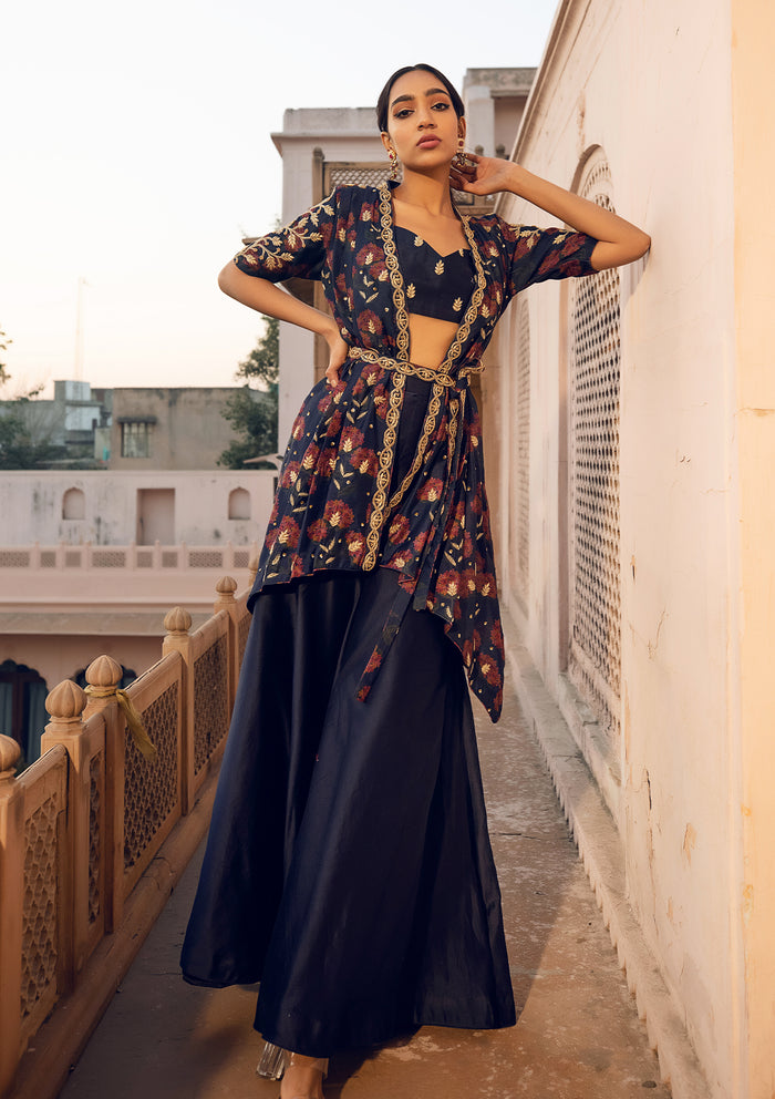 Gul Midnight Blue Overlay Sharara Set