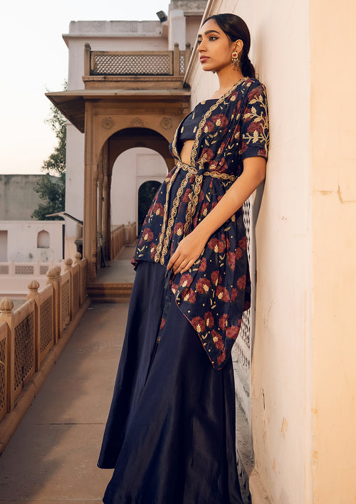 Gul Midnight Blue Overlay Sharara Set