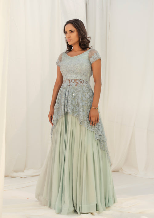 Ice Blue Asymmetrical Tunic and Lehenga