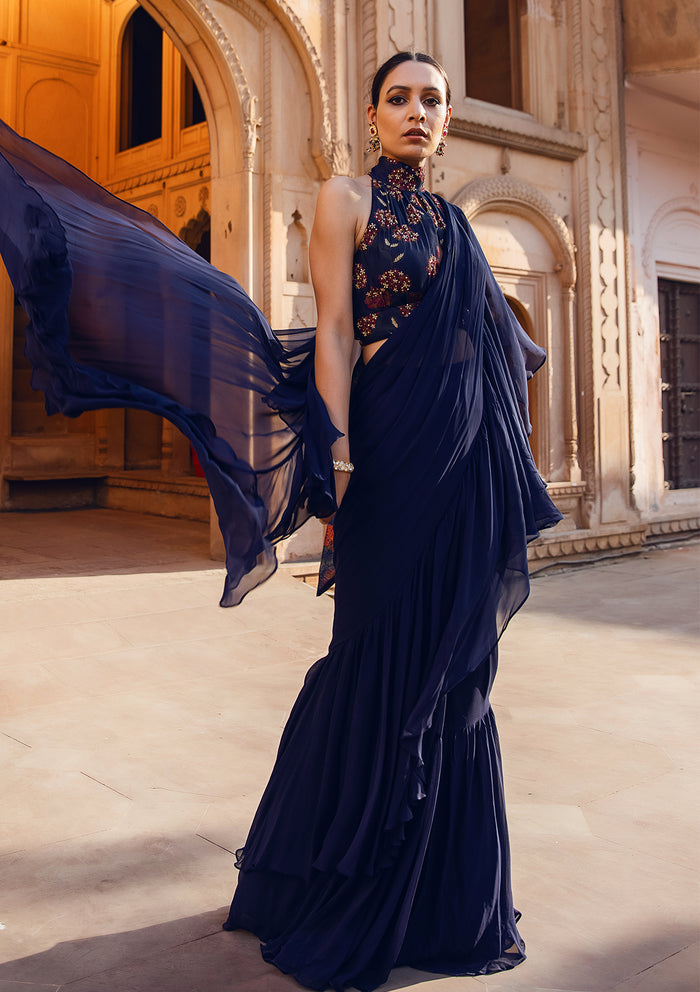 Midnight Blue Ruffled Saree Set