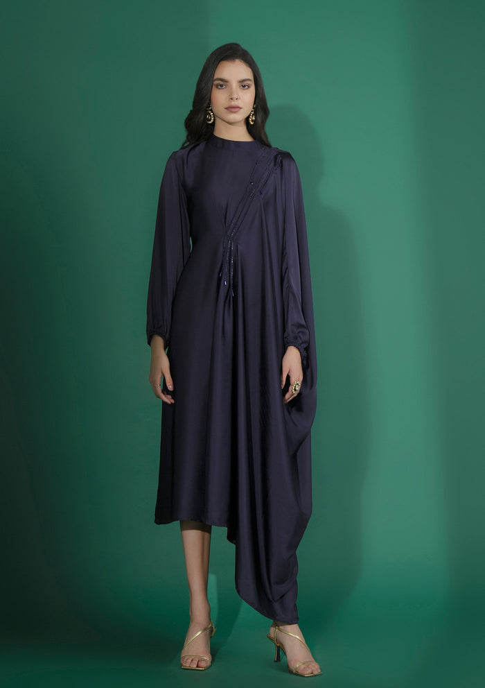 Midnight Blue Side Pleated Draped Dress