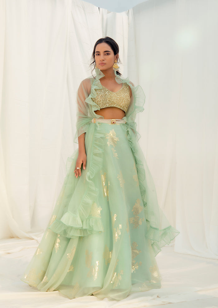 Ice Blue Ruffled Dupatta Lehenga