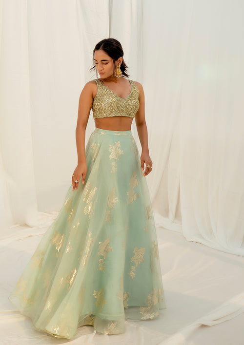 Ice Blue Ruffled Dupatta Lehenga