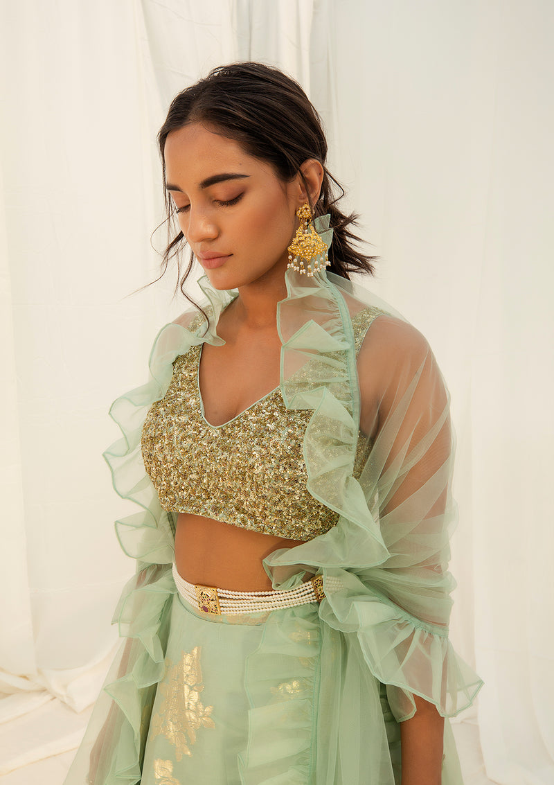 Ice Blue Ruffled Dupatta Lehenga