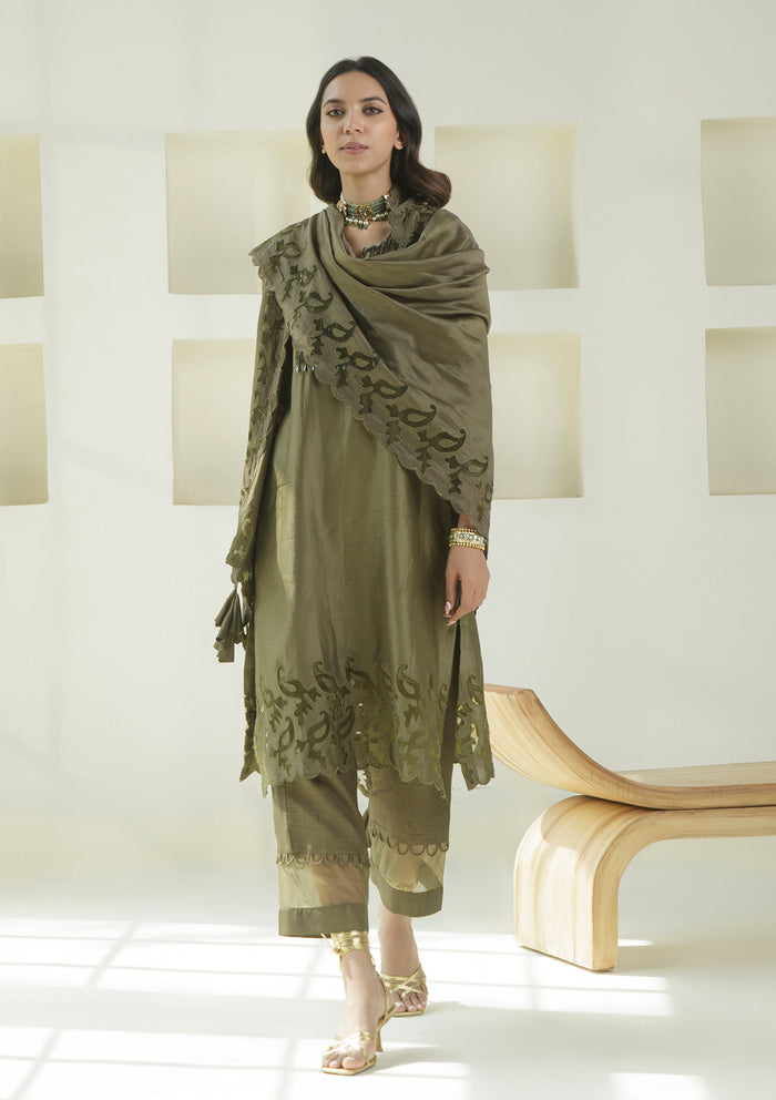 Olive Laser Cut Kurta Set