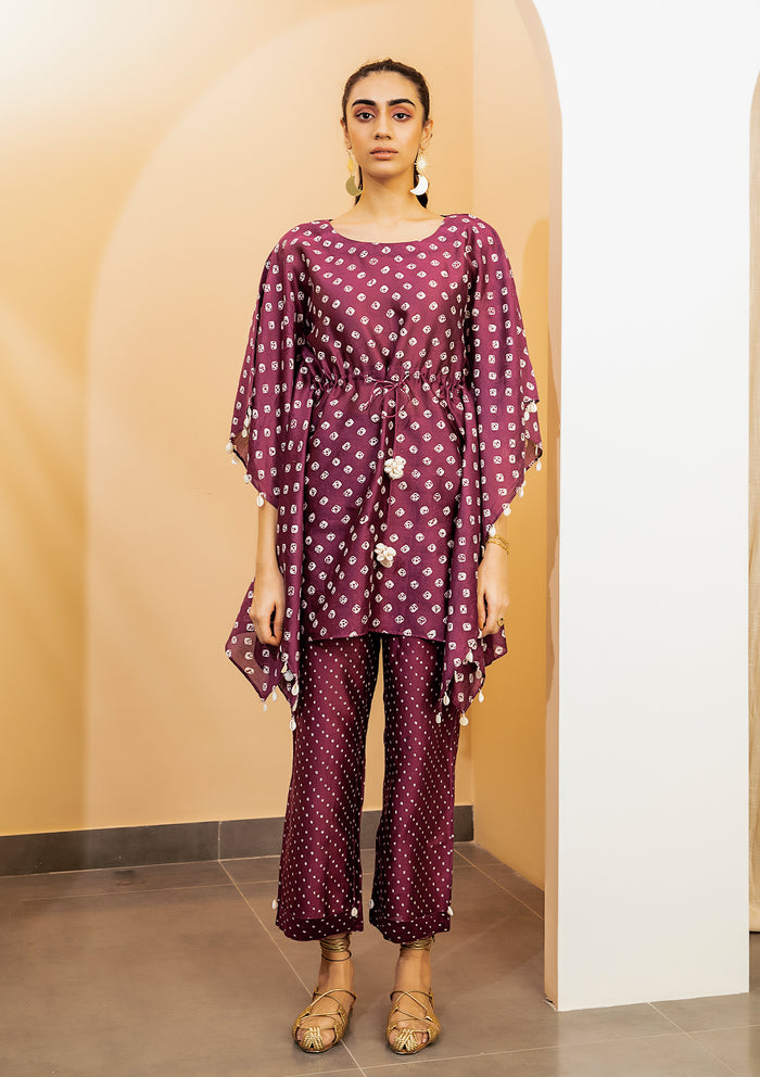 Plum Bandhani Kaftan Set