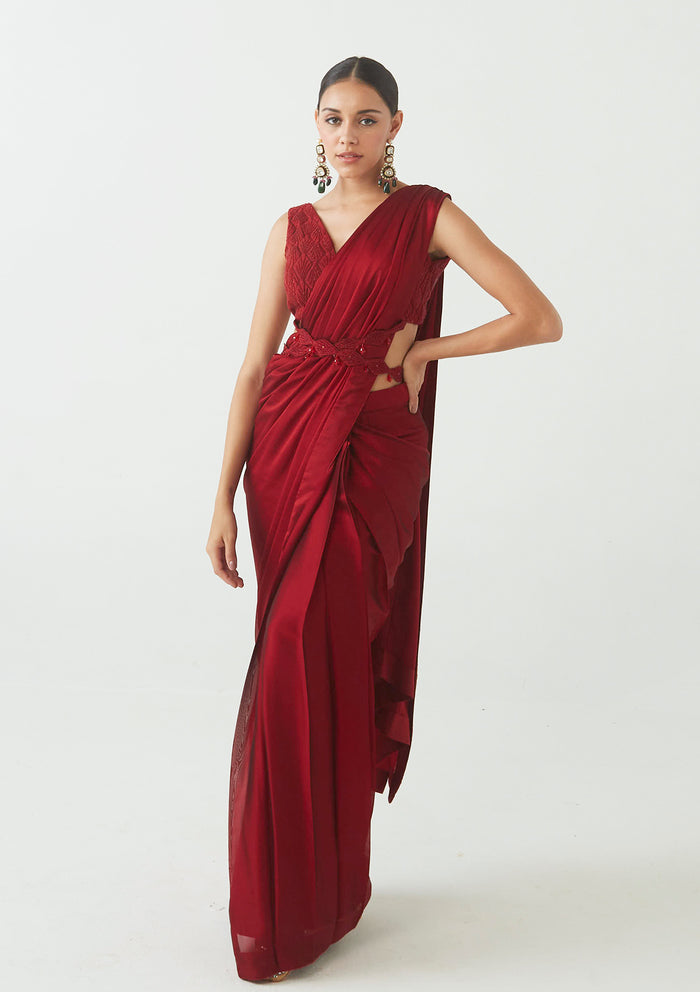 Ruby Embroidered Pre-draped Saree Set