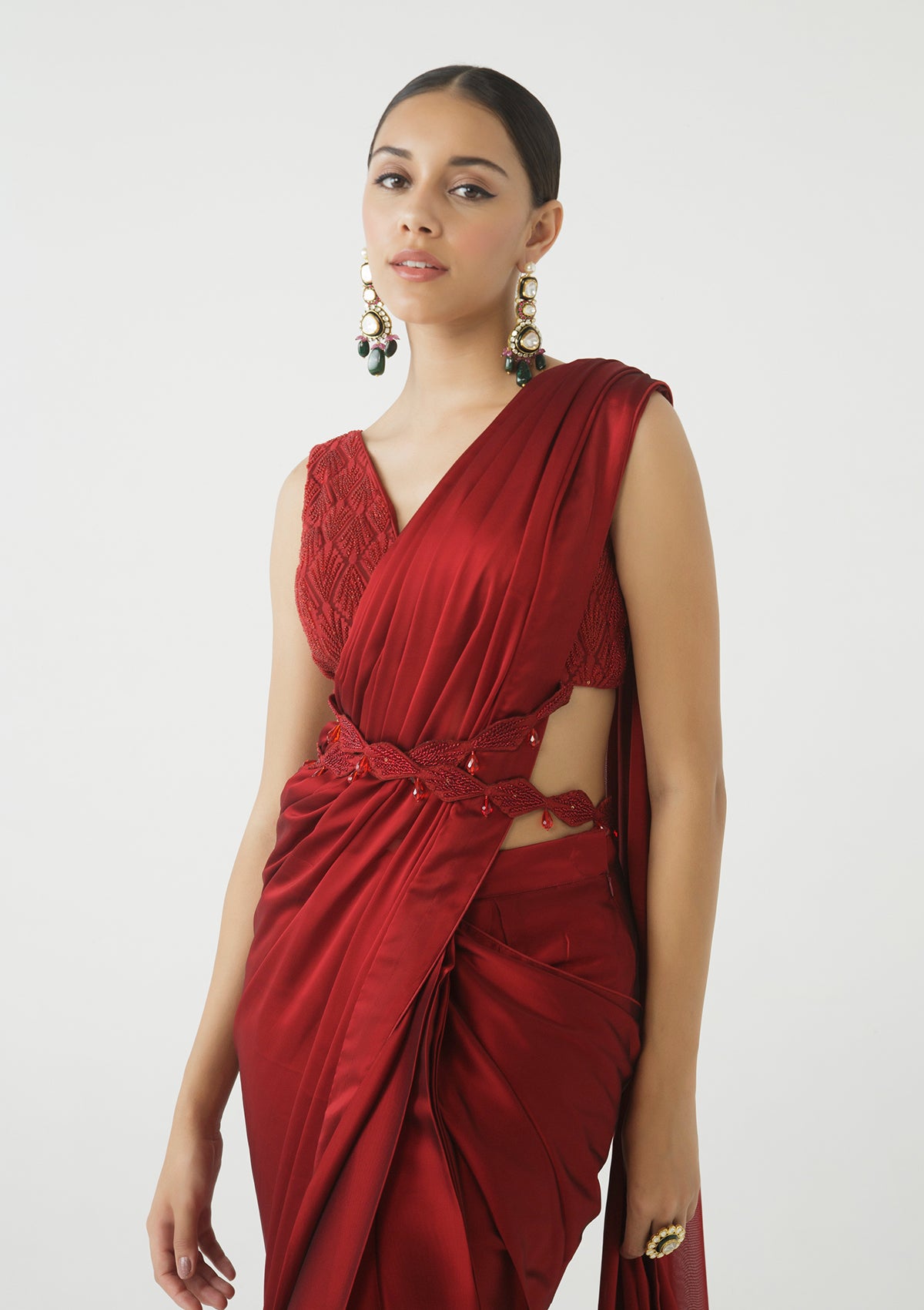 Ruby Embroidered Pre-draped Saree Set