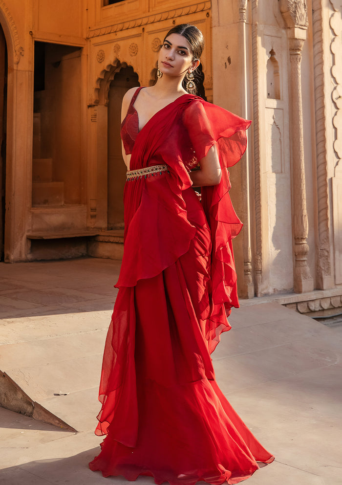 Ruby Ruffled Organza Saree Set